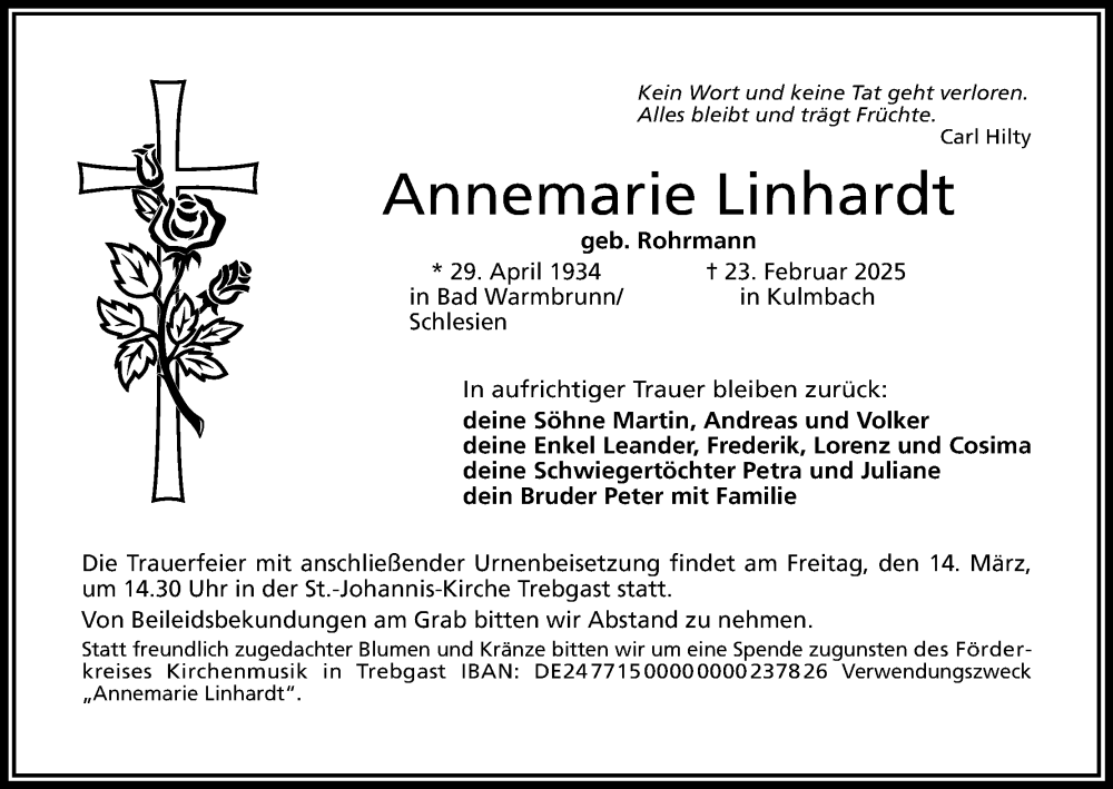  Traueranzeige für Annemarie Linhardt vom 08.03.2025 aus MGO