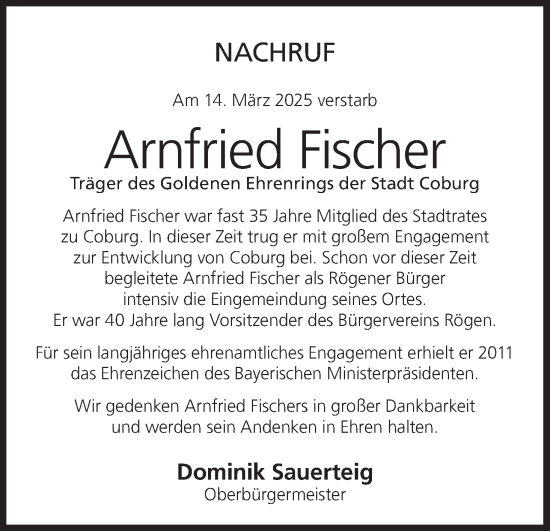 Anzeige von Arnfried Fischer von MGO