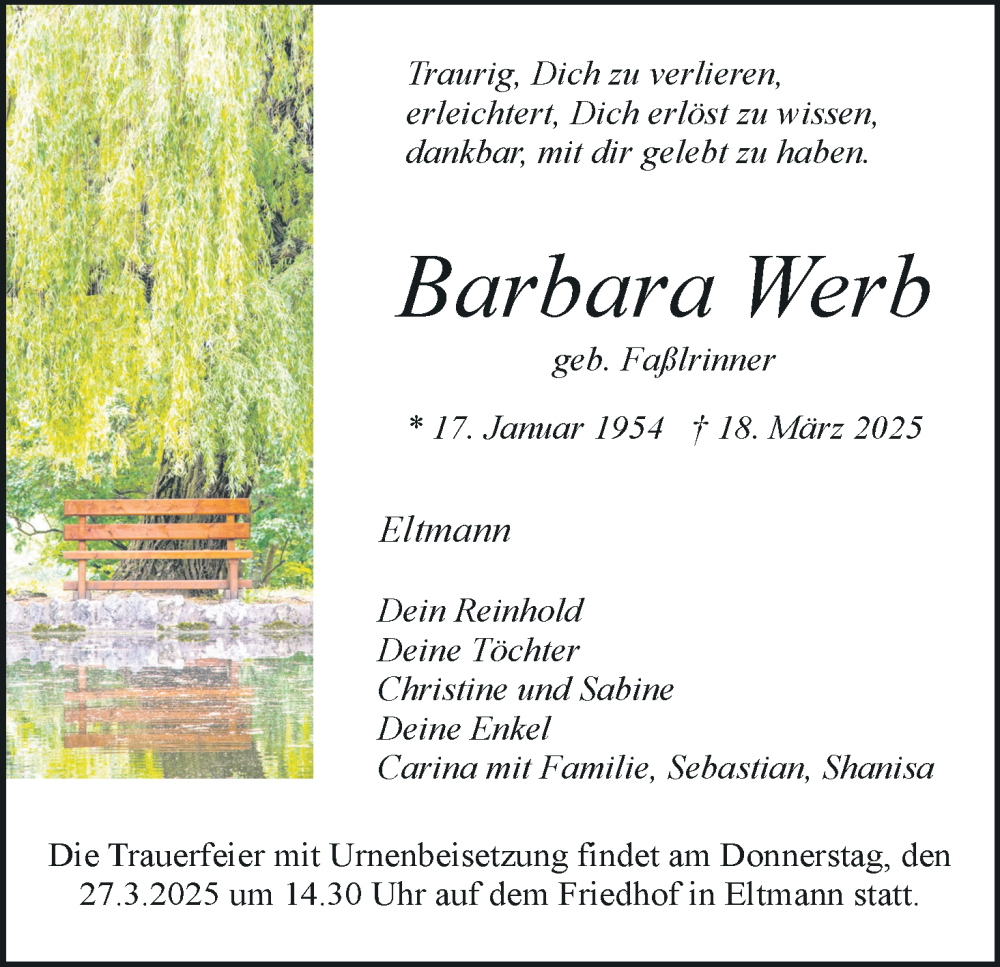  Traueranzeige für Barbara Werb vom 22.03.2025 aus MGO