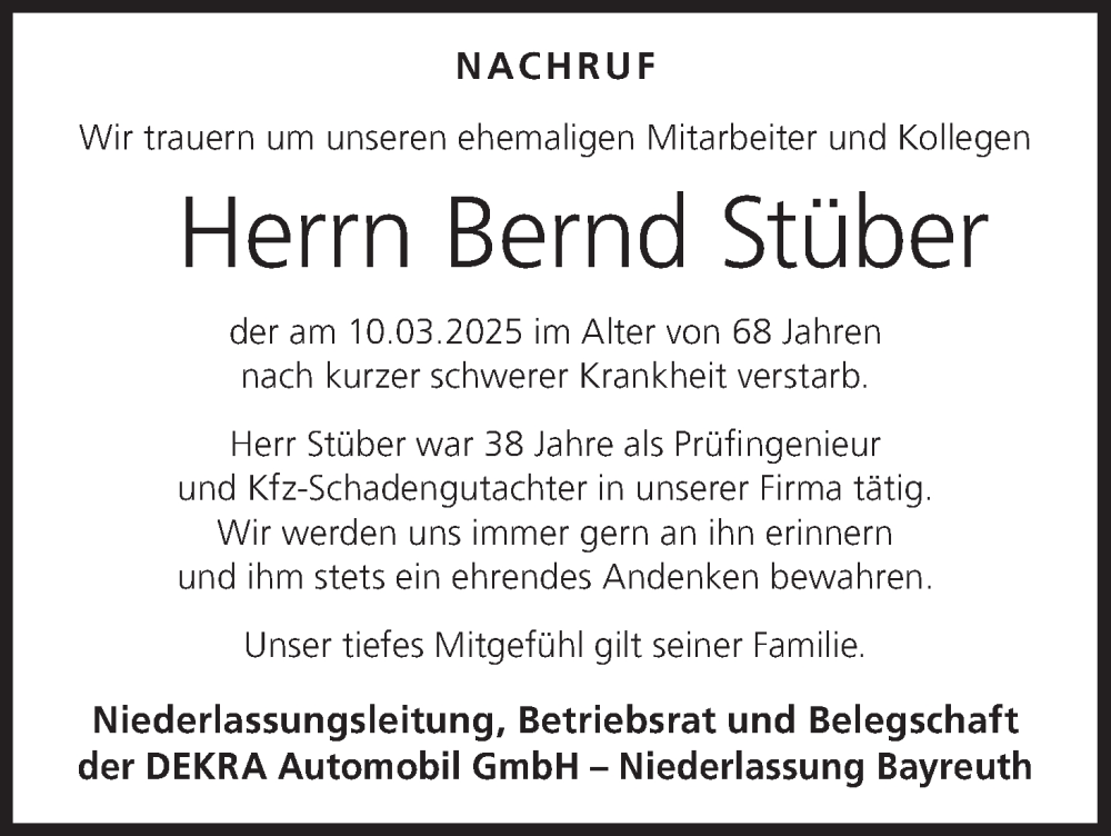  Traueranzeige für Bernd Stüber vom 22.03.2025 aus MGO