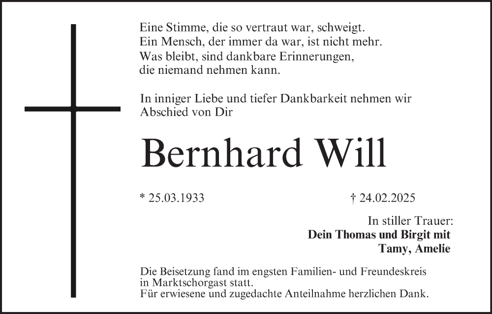  Traueranzeige für Bernhard Will vom 15.03.2025 aus MGO