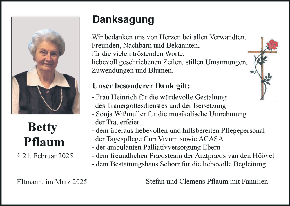  Traueranzeige für Betty Pflaum vom 15.03.2025 aus MGO