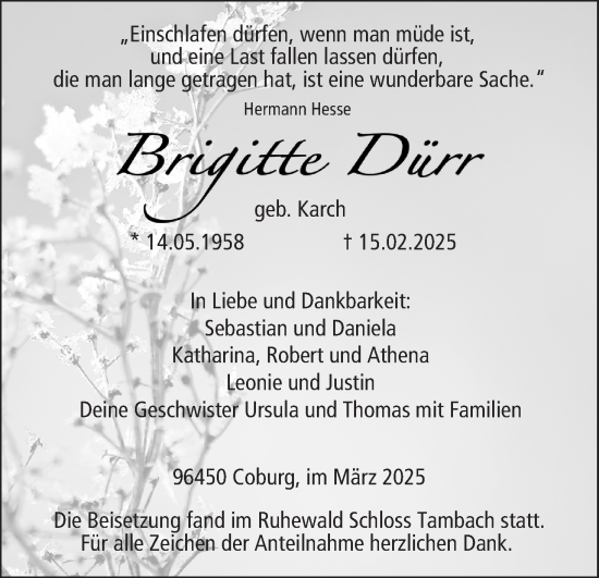 Anzeige von Brigitte Dürr von MGO