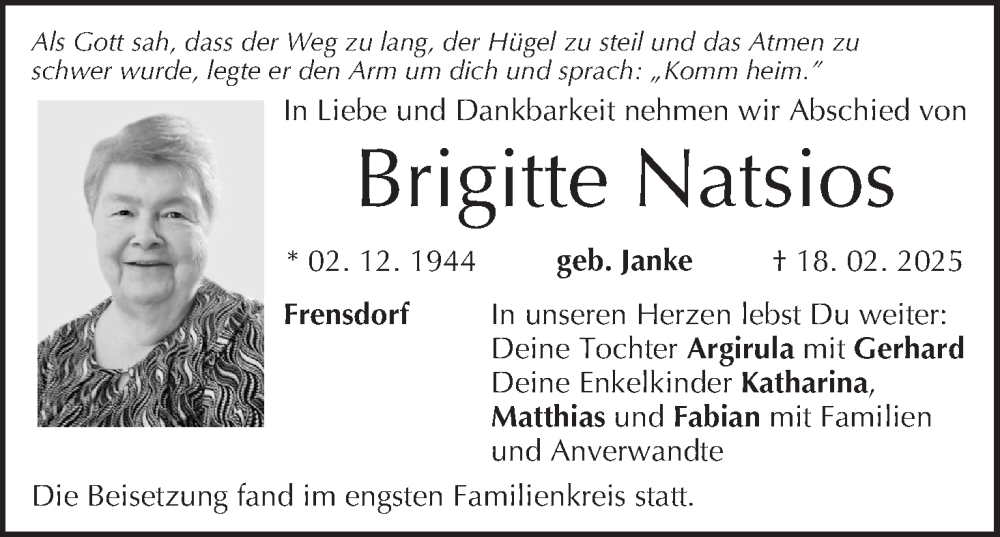  Traueranzeige für Brigitte Natsios vom 08.03.2025 aus MGO