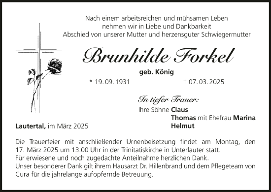 Anzeige von Brunhilde Forkel von MGO