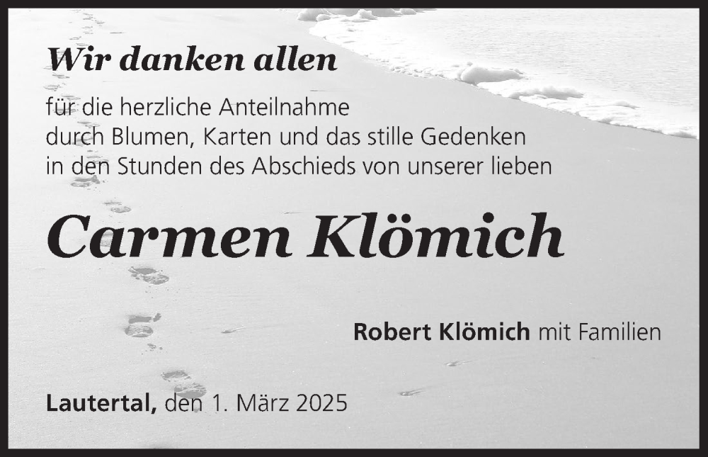  Traueranzeige für Carmen Klömich vom 01.03.2025 aus MGO