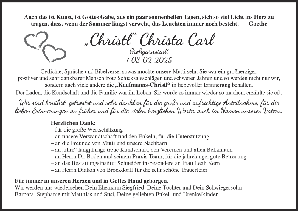  Traueranzeige für Christa Carl vom 22.03.2025 aus MGO