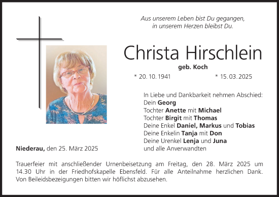 Anzeige von Christa Hirschlein von MGO
