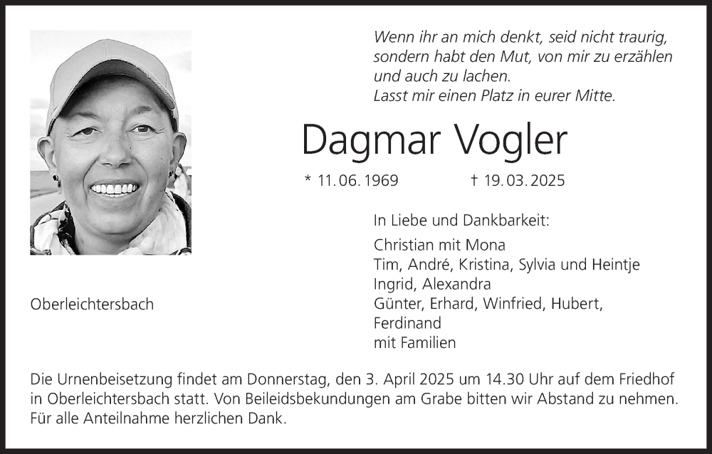  Traueranzeige für Dagmar Vogler vom 29.03.2025 aus MGO
