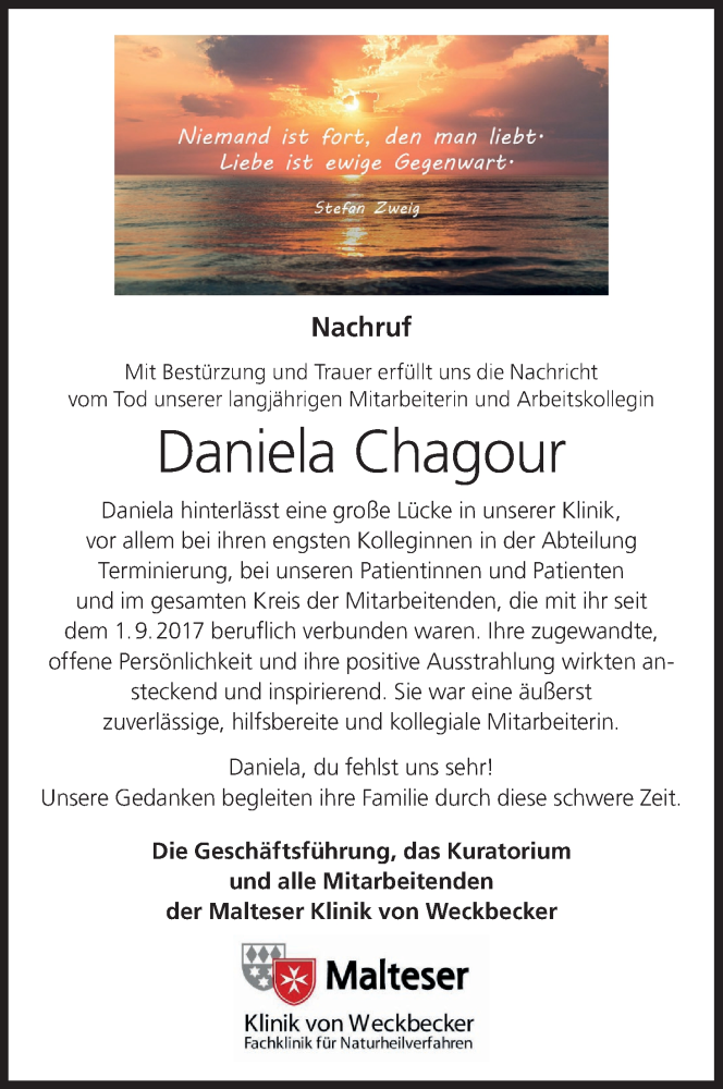  Traueranzeige für Daniela Chagour vom 22.03.2025 aus MGO
