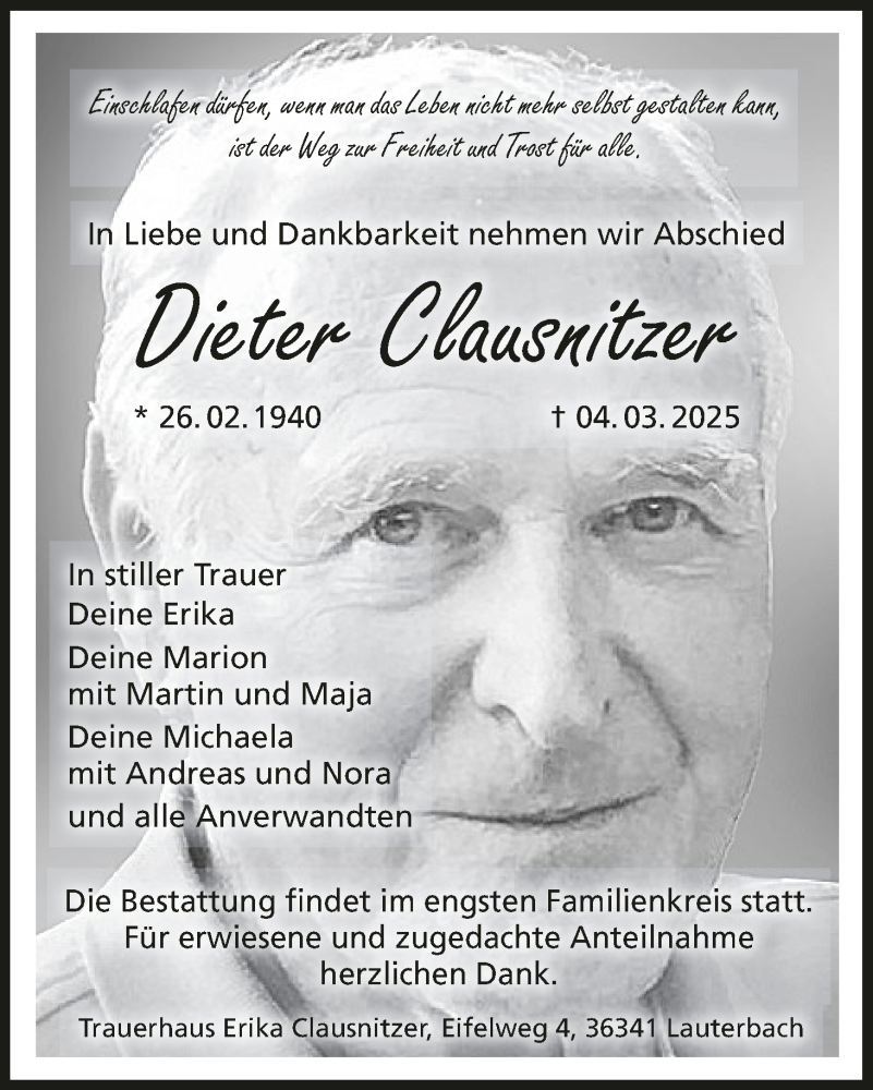  Traueranzeige für Dieter Clausnitzer vom 08.03.2025 aus MGO