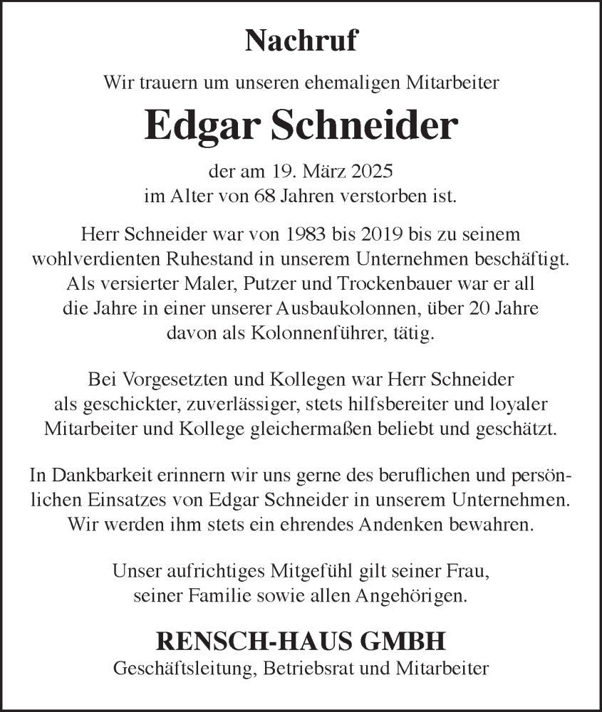  Traueranzeige für Edgar Schneider vom 26.03.2025 aus MGO