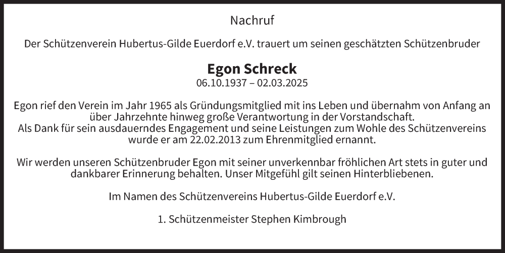  Traueranzeige für Egon Schreck vom 29.03.2025 aus MGO