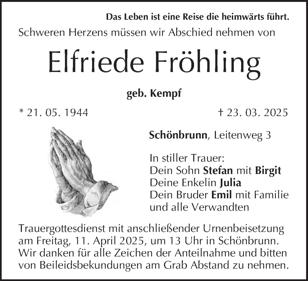  Traueranzeige für Elfriede Fröhling vom 29.03.2025 aus MGO