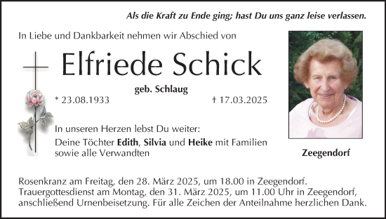 Anzeige von Elfriede Schick von MGO