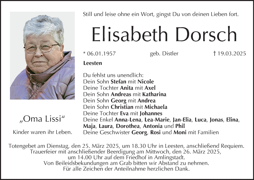  Traueranzeige für Elisabeth Dorsch vom 22.03.2025 aus MGO