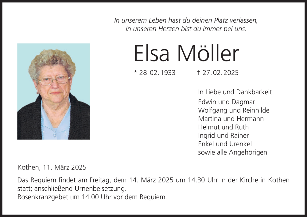  Traueranzeige für Elsa Möller vom 11.03.2025 aus MGO