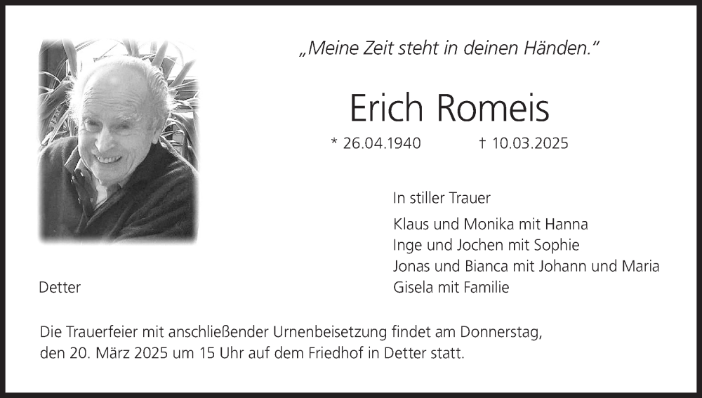  Traueranzeige für Erich Romeis vom 15.03.2025 aus MGO