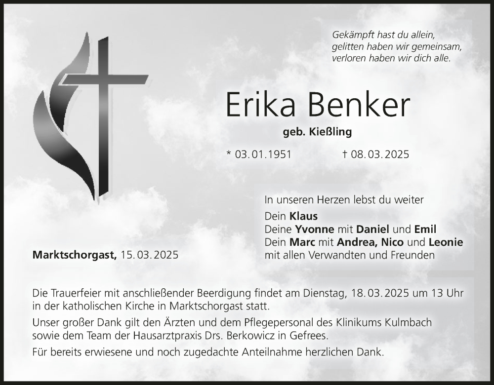  Traueranzeige für Erika Benker vom 15.03.2025 aus MGO