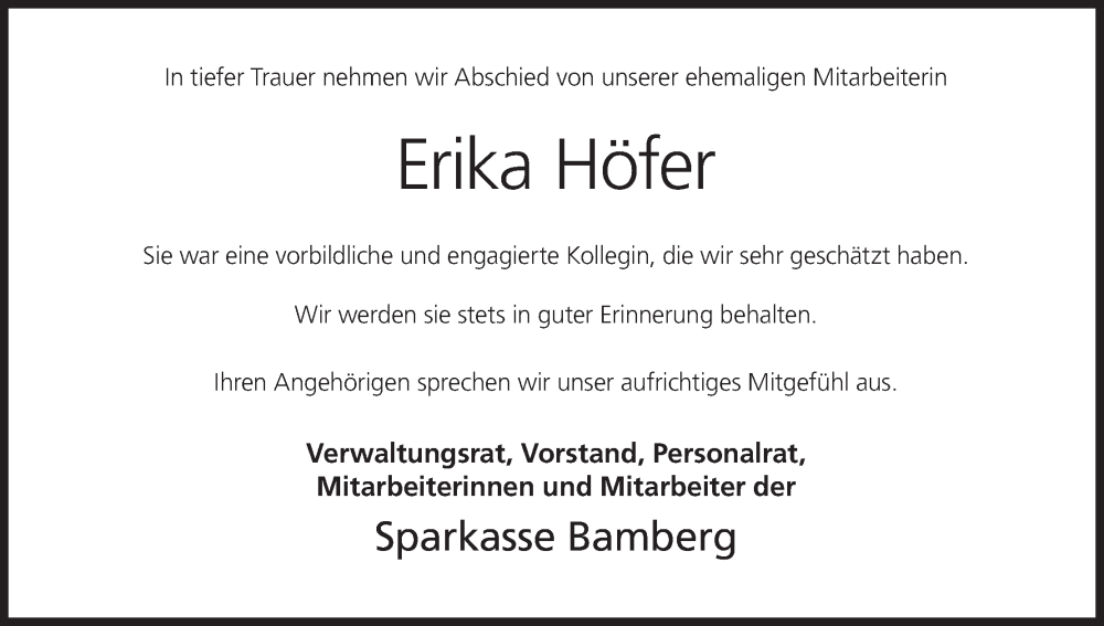  Traueranzeige für Erika Höfer vom 28.02.2025 aus MGO