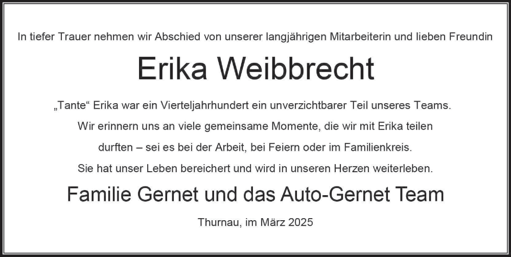  Traueranzeige für Erika Weibbrecht vom 29.03.2025 aus MGO