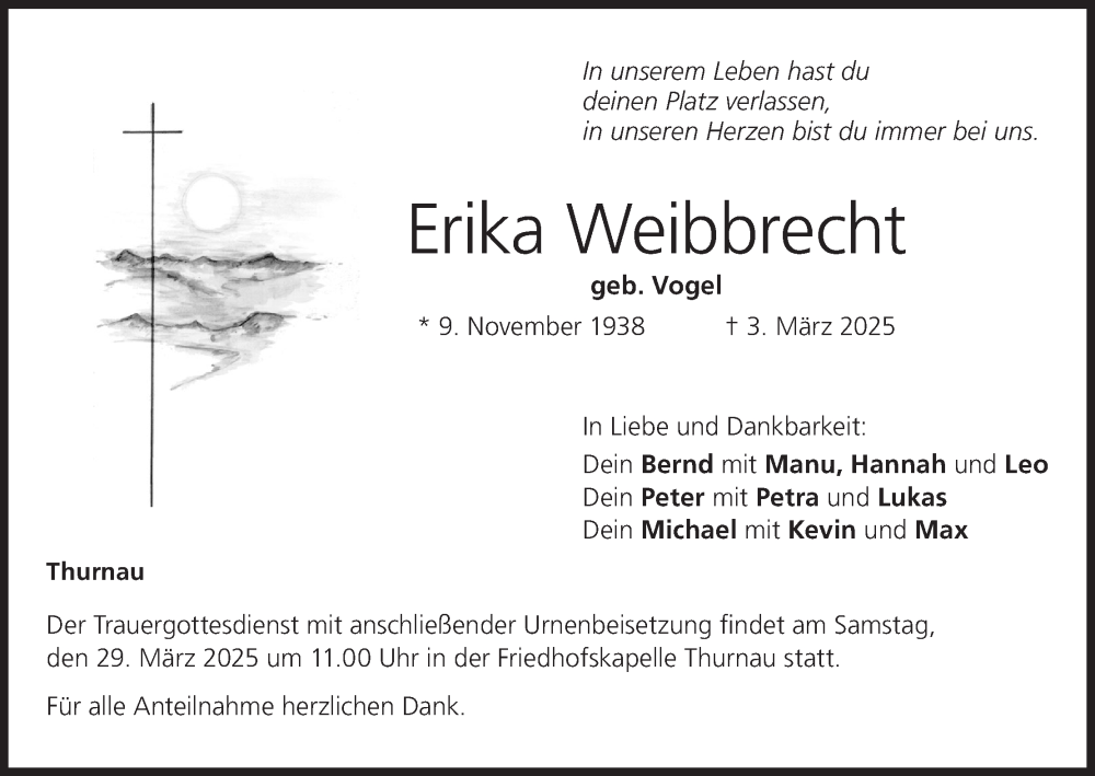  Traueranzeige für Erika Weibbrecht vom 22.03.2025 aus MGO