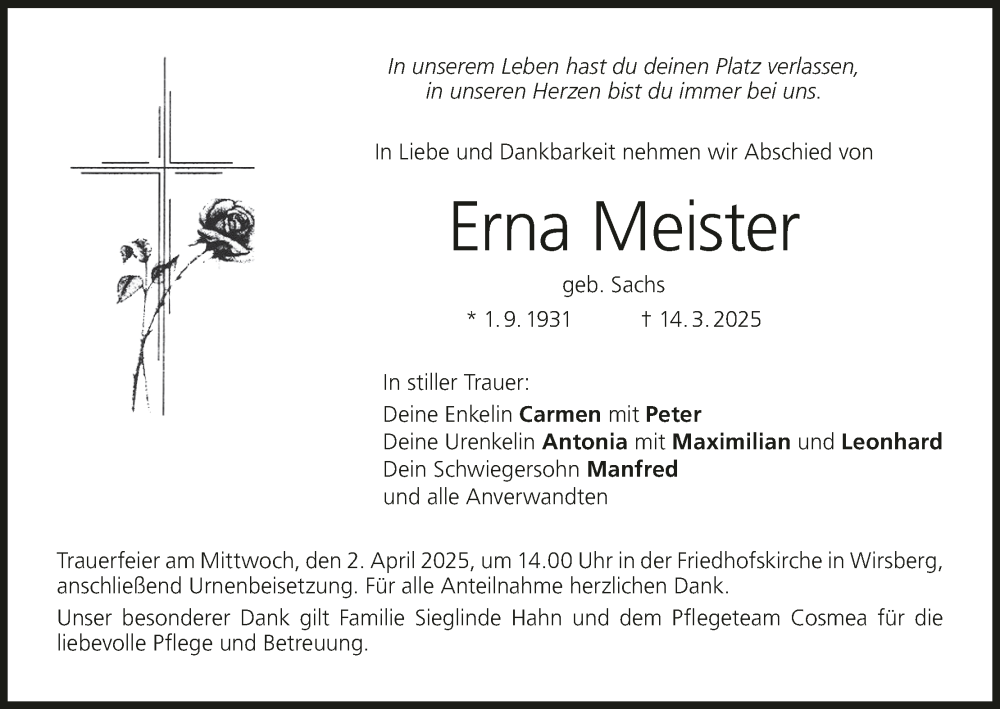  Traueranzeige für Erna Meister vom 22.03.2025 aus MGO
