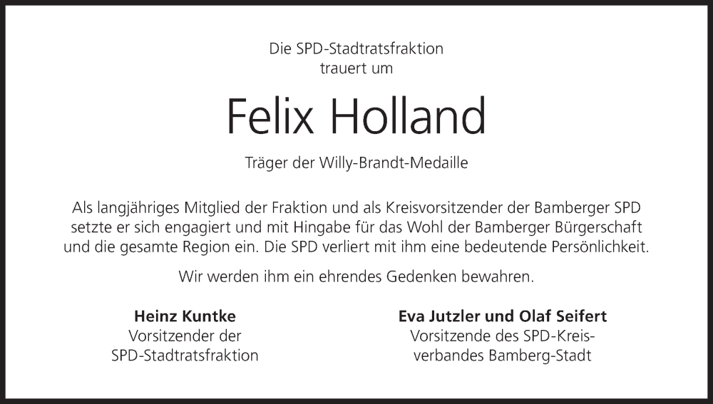  Traueranzeige für Felix Holland vom 22.03.2025 aus MGO