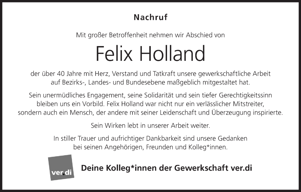  Traueranzeige für Felix Holland vom 22.03.2025 aus MGO