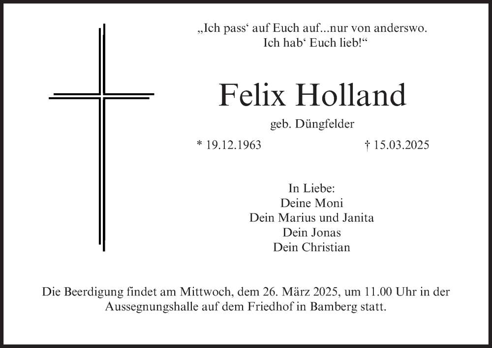  Traueranzeige für Felix Holland vom 22.03.2025 aus MGO