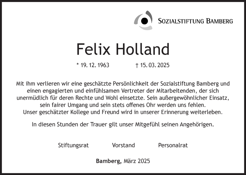  Traueranzeige für Felix Holland vom 22.03.2025 aus MGO