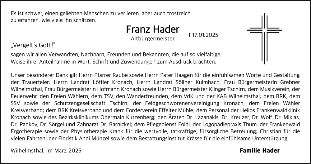  Traueranzeige für Franz Hader vom 15.03.2025 aus MGO