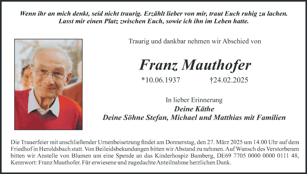  Traueranzeige für Franz Mauthofer vom 25.03.2025 aus MGO