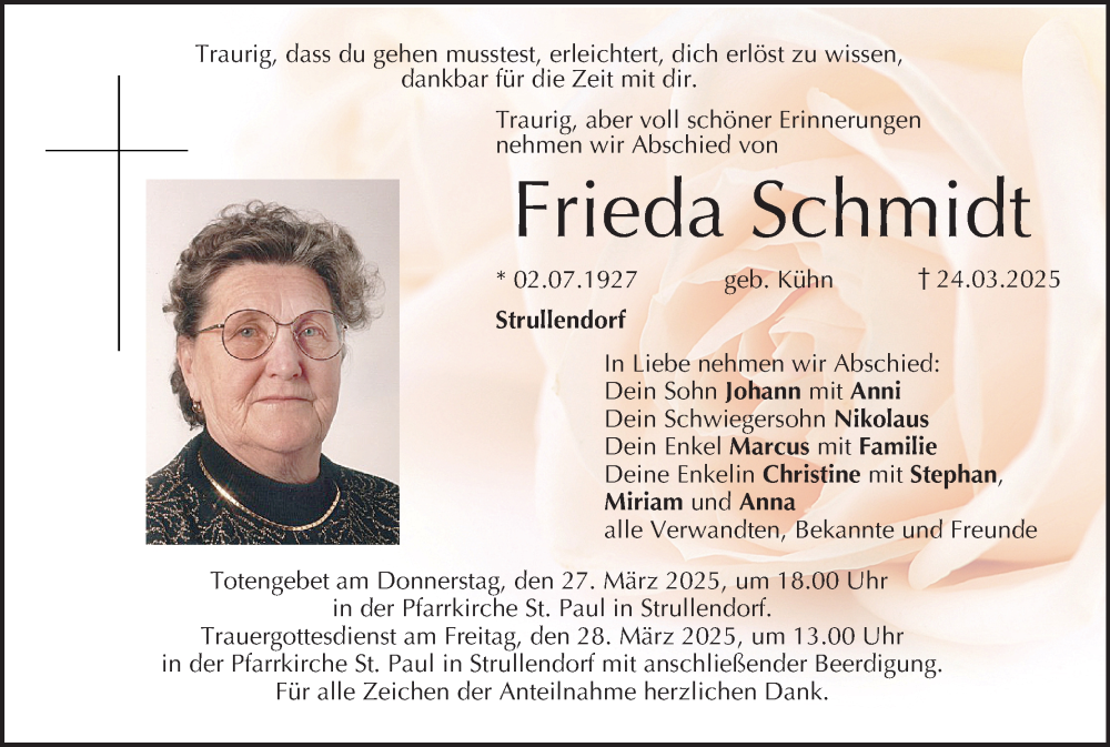  Traueranzeige für Frieda Schmidt vom 26.03.2025 aus MGO