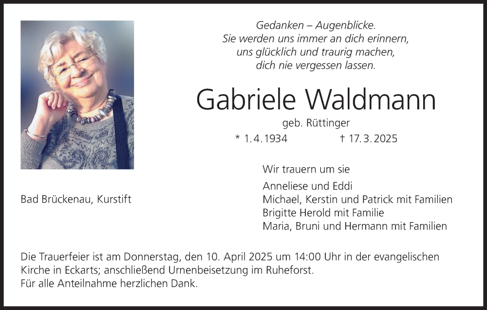  Traueranzeige für Gabriele Waldmann vom 29.03.2025 aus MGO