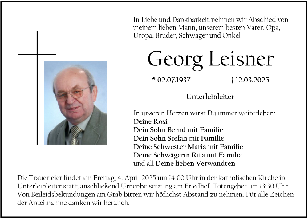  Traueranzeige für Georg Leisner vom 29.03.2025 aus MGO