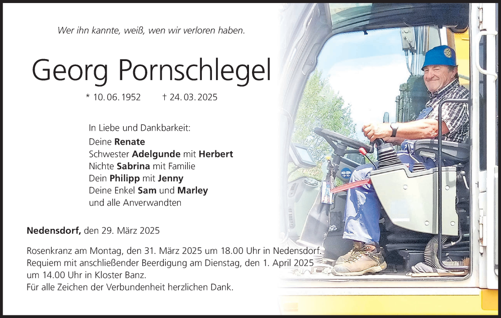  Traueranzeige für Georg Pornschlegel vom 29.03.2025 aus MGO