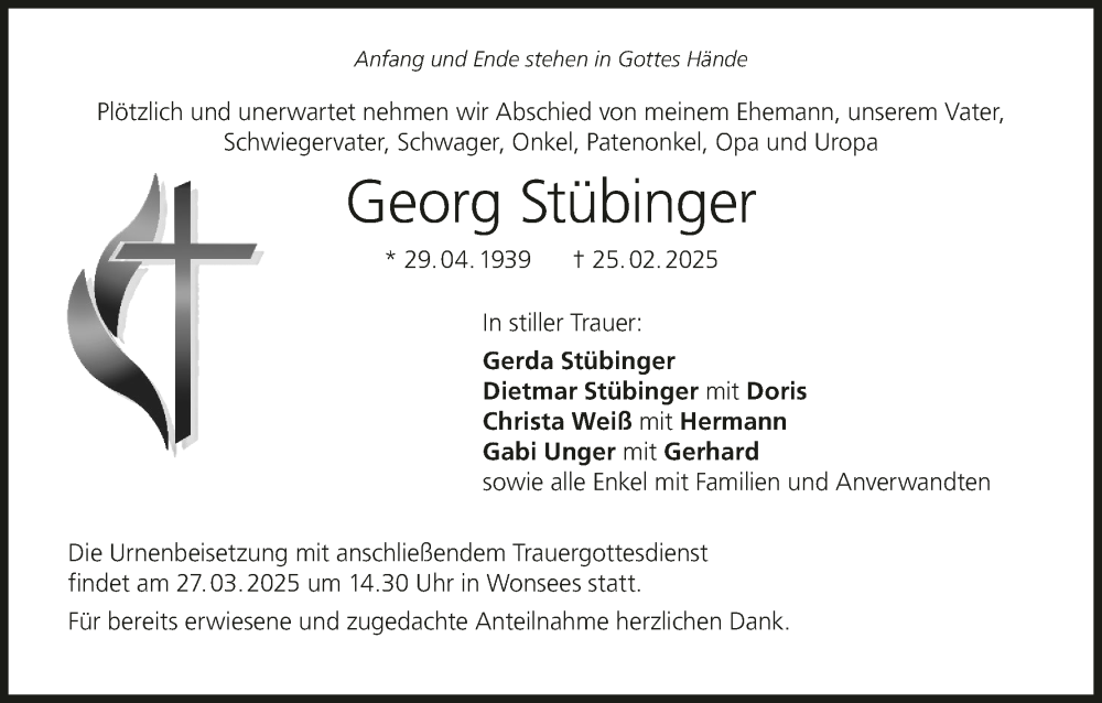  Traueranzeige für Georg Stübinger vom 22.03.2025 aus MGO