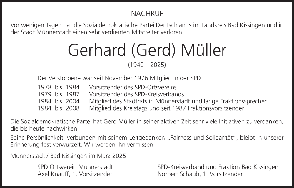  Traueranzeige für Gerhard Müller vom 25.03.2025 aus MGO
