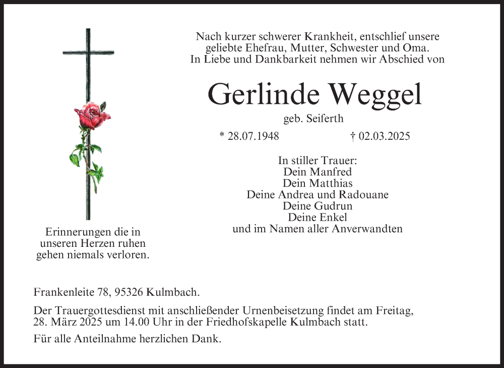  Traueranzeige für Gerlinde Weggel vom 22.03.2025 aus MGO