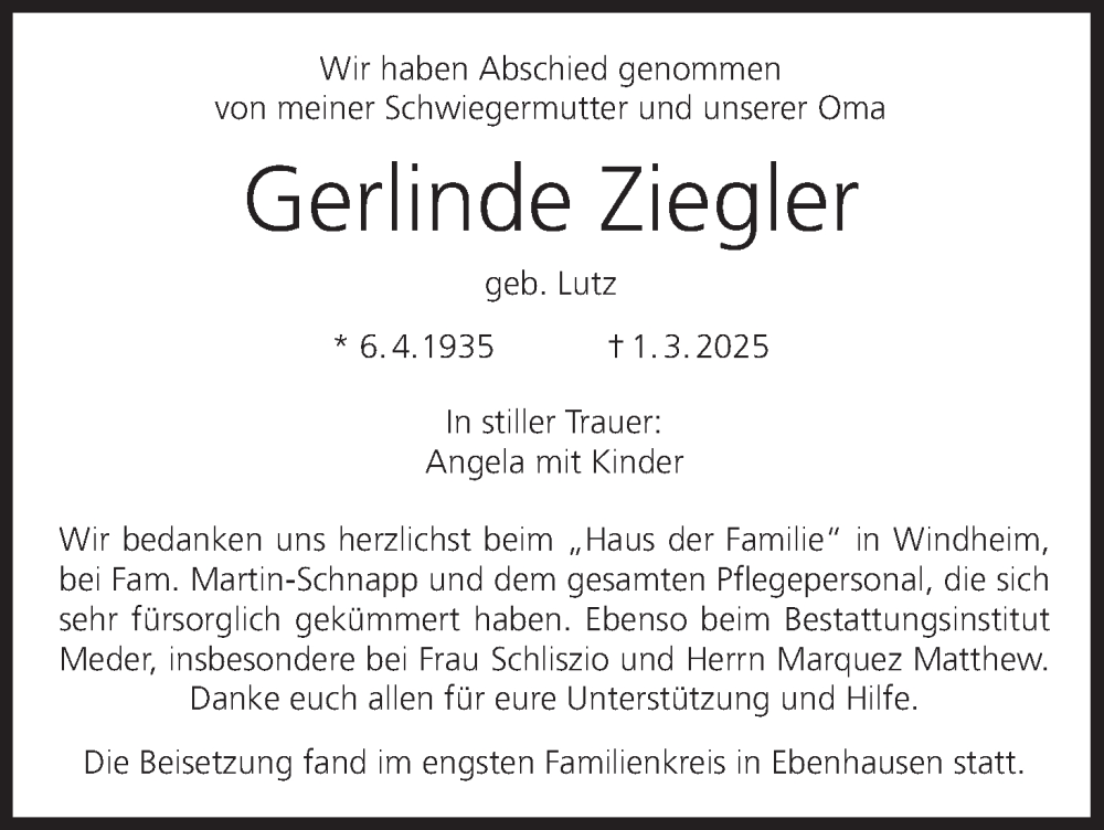  Traueranzeige für Gerlinde Ziegler vom 21.03.2025 aus MGO