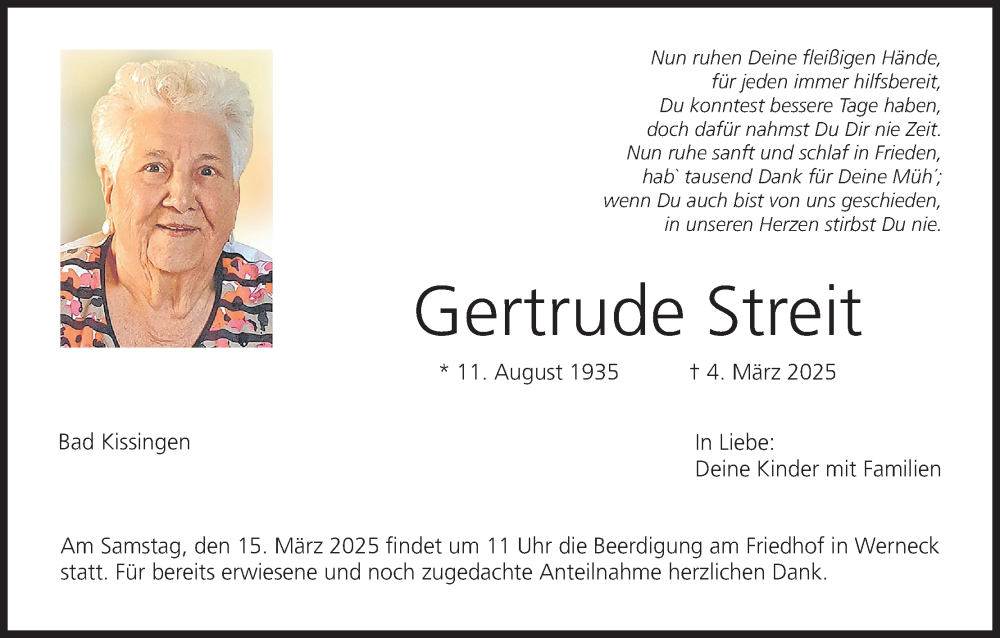  Traueranzeige für Gertrude Streit vom 08.03.2025 aus MGO