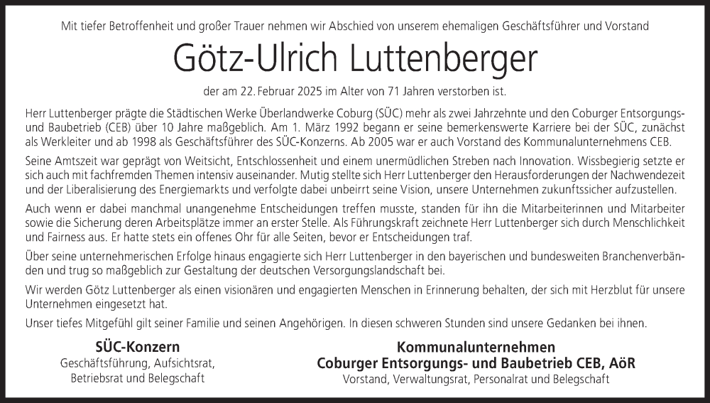  Traueranzeige für Götz-Ulrich Luttenberger vom 01.03.2025 aus MGO