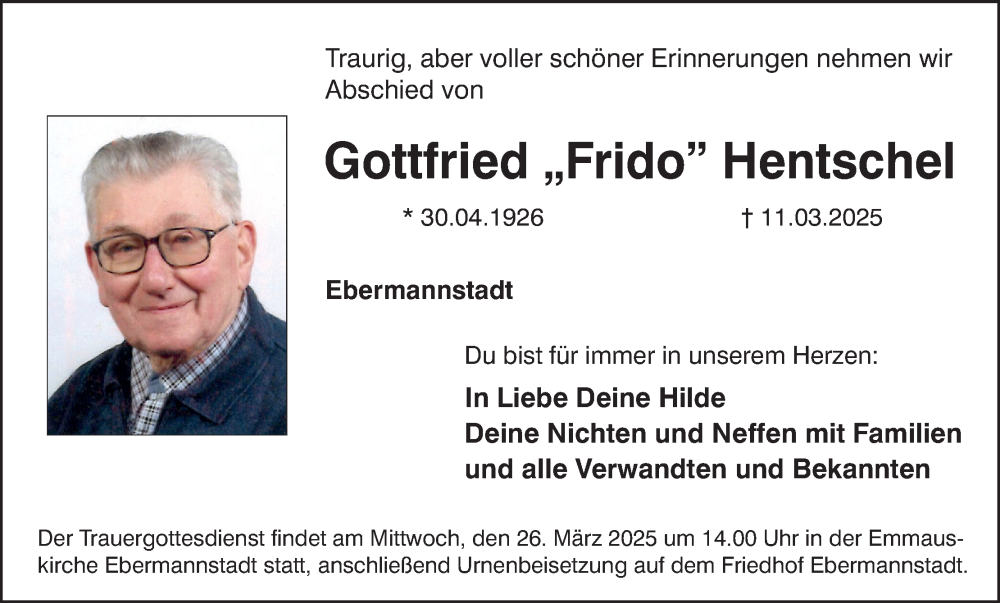  Traueranzeige für Gottfried Hentschel vom 22.03.2025 aus MGO