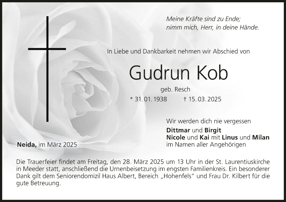  Traueranzeige für Gudrun Kob vom 22.03.2025 aus MGO