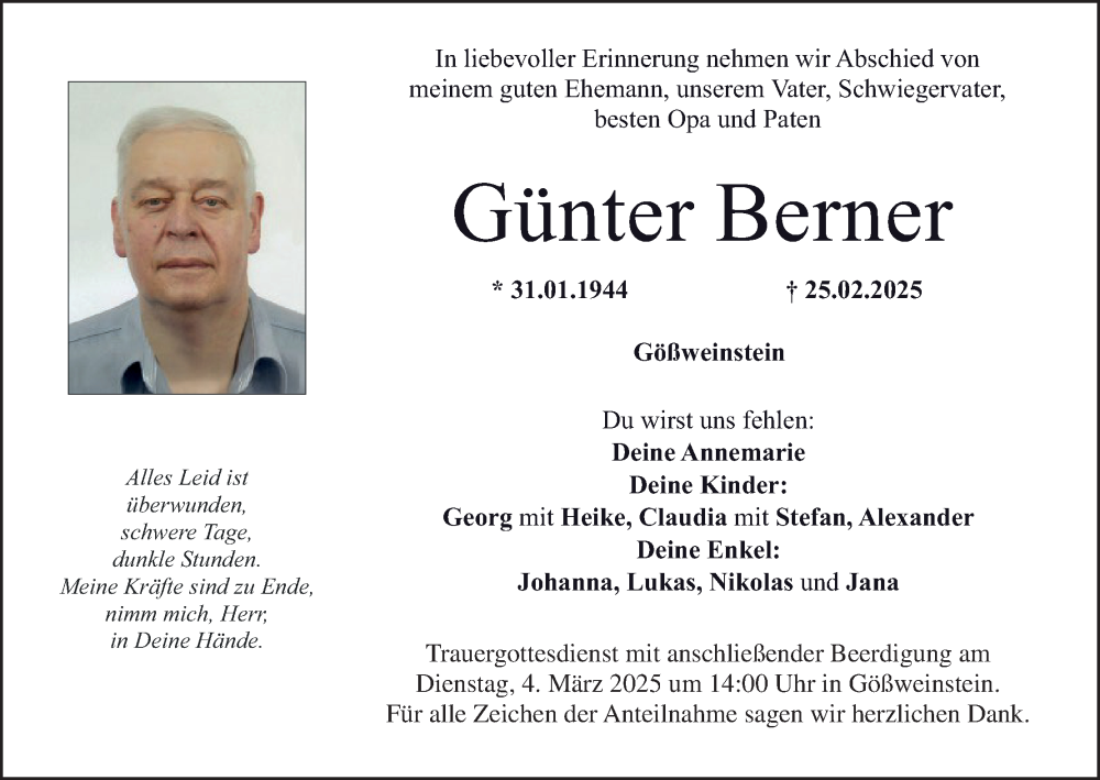  Traueranzeige für Günter Berner vom 01.03.2025 aus MGO