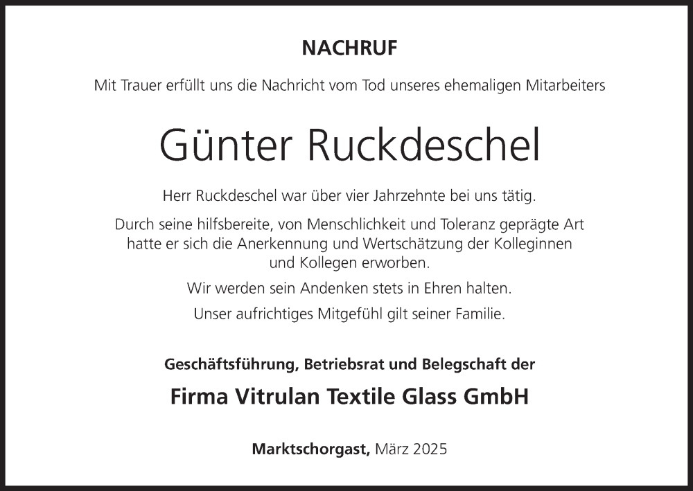  Traueranzeige für Günter Ruckdeschel vom 19.03.2025 aus MGO