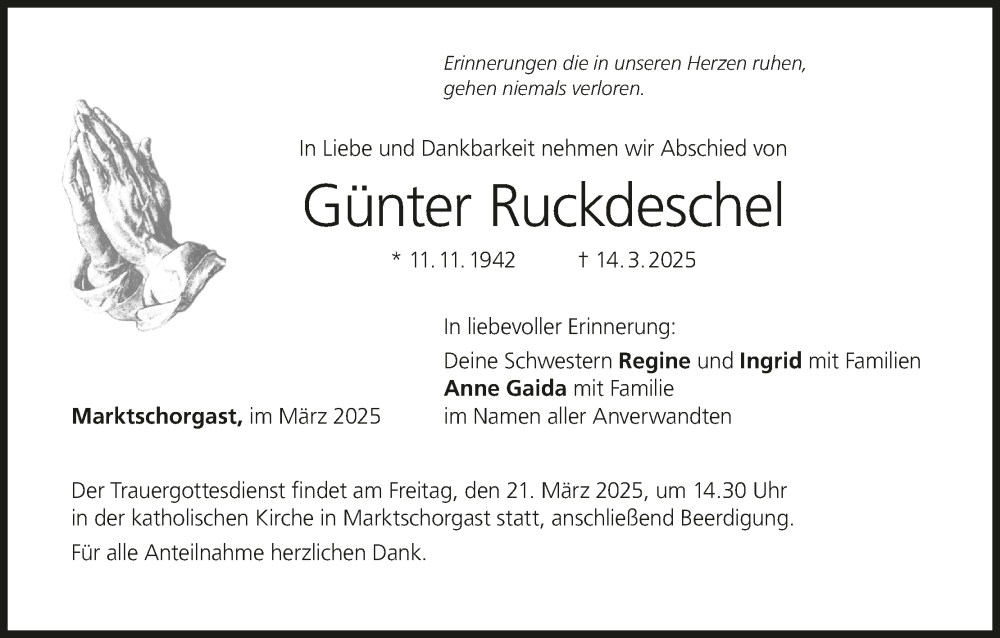  Traueranzeige für Günter Ruckdeschel vom 19.03.2025 aus MGO