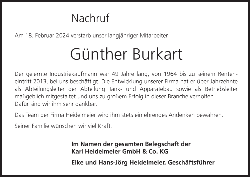  Traueranzeige für Günther Burkart vom 13.03.2025 aus MGO