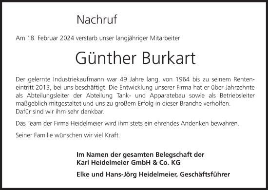 Anzeige von Günther Burkart von MGO
